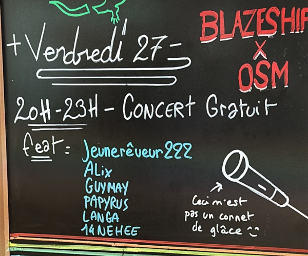 Photo d'un tableau mentionnant Blazeshift et une line-up d'artistes